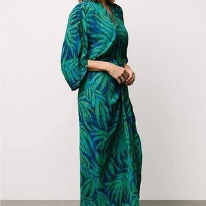 Janessa Vibrant Green and Blue Patterned Midi Wedding Guest Dress